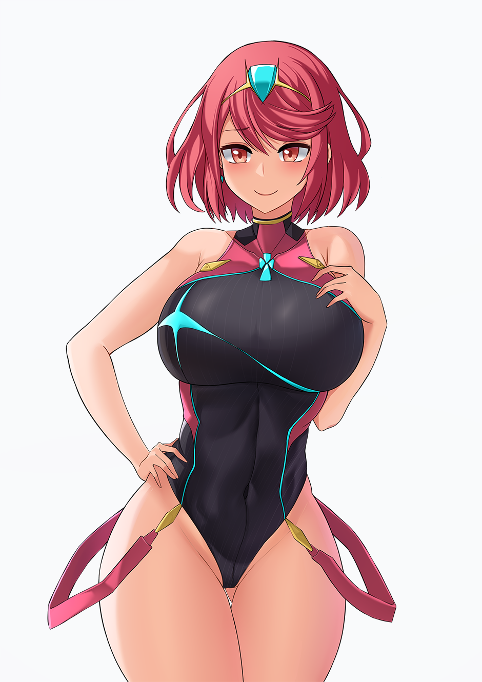 aori_sora ass_visible_through_thighs bare_arms bare_shoulders breasts closed_mouth commentary covered_collarbone covered_navel cowboy_shot earrings eyebrows_visible_through_hair grey_background hand_on_hip hand_on_own_chest highleg highleg_leotard highres homura_(xenoblade_2) huge_breasts jewelry legs_together leotard looking_at_viewer red_eyes red_hair short_hair simple_background skin_tight smile solo standing suspenders thigh_gap tiara xenoblade_(series) xenoblade_2