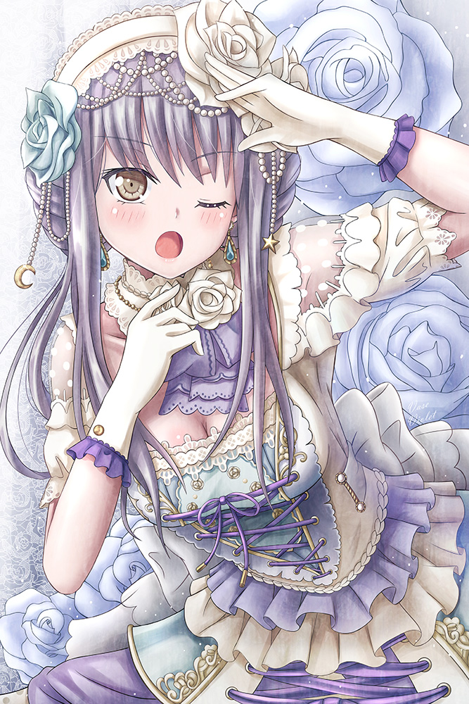;o ascot back_bow bang_dream! bangs bin_murasaki blue_flower blue_rose blush bow braid breasts cleavage commentary_request crescent cross-laced_clothes detached_collar dress earrings eyebrows_visible_through_hair flower frilled_gloves frills gloves grey_eyes hair_flower hair_ornament hairband hand_on_own_chest hand_to_forehead head_chain jewelry lace lace-trimmed_hairband lolita_hairband long_hair medium_breasts minato_yukina one_eye_closed pearl purple_eyes purple_hair rose see-through_sleeves short_sleeves solo star white_bow white_flower white_gloves white_hairband white_rose
