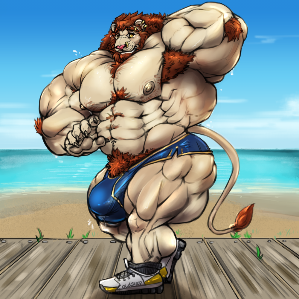 anthro armpit_hair balls beard big_balls big_bulge bulge clothed clothing facial_hair feline footwear huge_balls hyper hyper_muscles lion looking_at_viewer male mammal muscular muscular_male oldshep pecs shoes solo standing tight_clothing topless