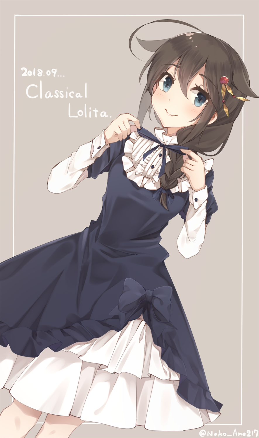 adjusting_neckwear ahoge alternate_costume artist_name beige_background blue_dress blue_eyes blue_neckwear blue_ribbon blush braid brown_hair buttons commentary dated dress frilled_dress frills hair_between_eyes hair_flaps hair_ornament hair_over_shoulder hair_ribbon highres kantai_collection lolita_fashion long_hair long_sleeves looking_at_viewer neck_ribbon neko_ame remodel_(kantai_collection) ribbon shigure_(kantai_collection) sidelocks signature simple_background single_braid smile solo twitter_username