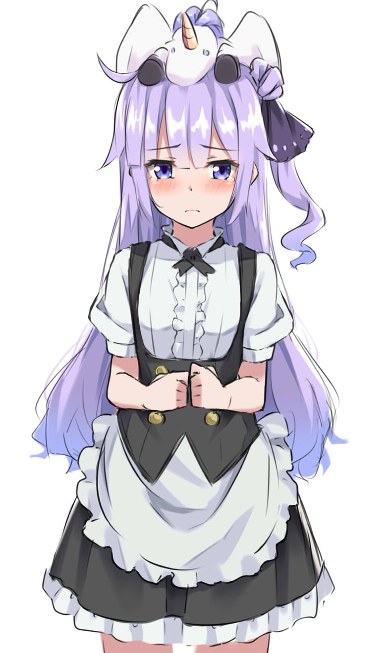 apron azur_lane bangs black_ribbon black_skirt blush center_frills closed_mouth commentary_request cowboy_shot eyebrows_visible_through_hair frilled_apron frilled_skirt frills hair_between_eyes hair_bun hair_ribbon highres kohakope long_hair looking_at_viewer on_head one_side_up own_hands_together pleated_skirt puffy_short_sleeves puffy_sleeves purple_eyes purple_hair ribbon shirt short_sleeves side_bun simple_background skirt solo stuffed_alicorn stuffed_animal stuffed_toy tears underbust unicorn_(azur_lane) very_long_hair waist_apron white_apron white_background white_shirt
