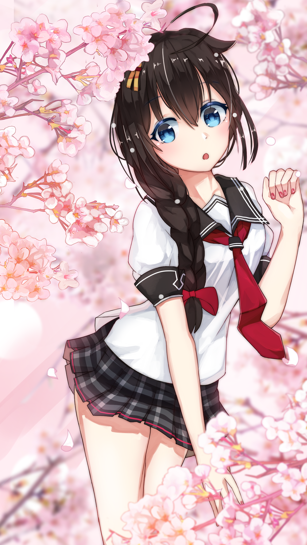 ahoge black_hair black_skirt blue_eyes bow braid braided_ponytail flower hair_between_eyes hair_bow hair_ornament hair_over_shoulder highres kantai_collection long_hair looking_at_viewer miniskirt neckerchief open_mouth pcbl petals pink_flower pleated_skirt red_bow red_neckwear remodel_(kantai_collection) sailor_collar shigure_(kantai_collection) shirt short_sleeves side_ponytail single_braid skirt solo white_shirt
