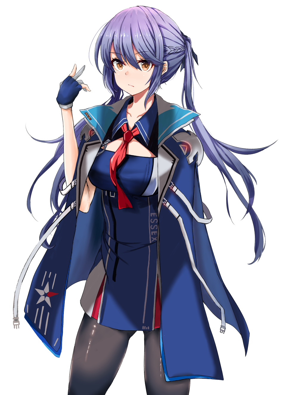 ass_visible_through_thighs azur_lane bangs black_legwear black_ribbon blue_cloak blue_dress blue_gloves blue_hair braid breasts character_name cleavage_cutout collarbone collared_cloak collared_dress commentary_request dress essex_(azur_lane) eyebrows_visible_through_hair eyelashes french_braid gloves hair_ribbon highres koenza_botoke looking_at_viewer medium_breasts necktie pantyhose partly_fingerless_gloves red_neckwear ribbon short_dress simple_background star star_print twintails upper_body yellow_eyes