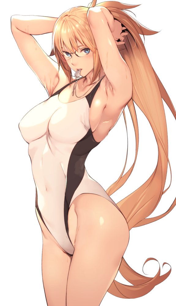 armpits arms_behind_head arms_up bangs bare_shoulders black-framed_eyewear blonde_hair blue_eyes blush breasts collarbone commentary competition_swimsuit covered_navel fate/grand_order fate_(series) glasses hair_between_eyes highleg highleg_swimsuit hips jeanne_d'arc_(fate)_(all) jeanne_d'arc_(swimsuit_archer) large_breasts long_hair looking_at_viewer mouth_hold nanao_(mahaya) one-piece_swimsuit ponytail simple_background solo swimsuit thighs very_long_hair white_background white_swimsuit