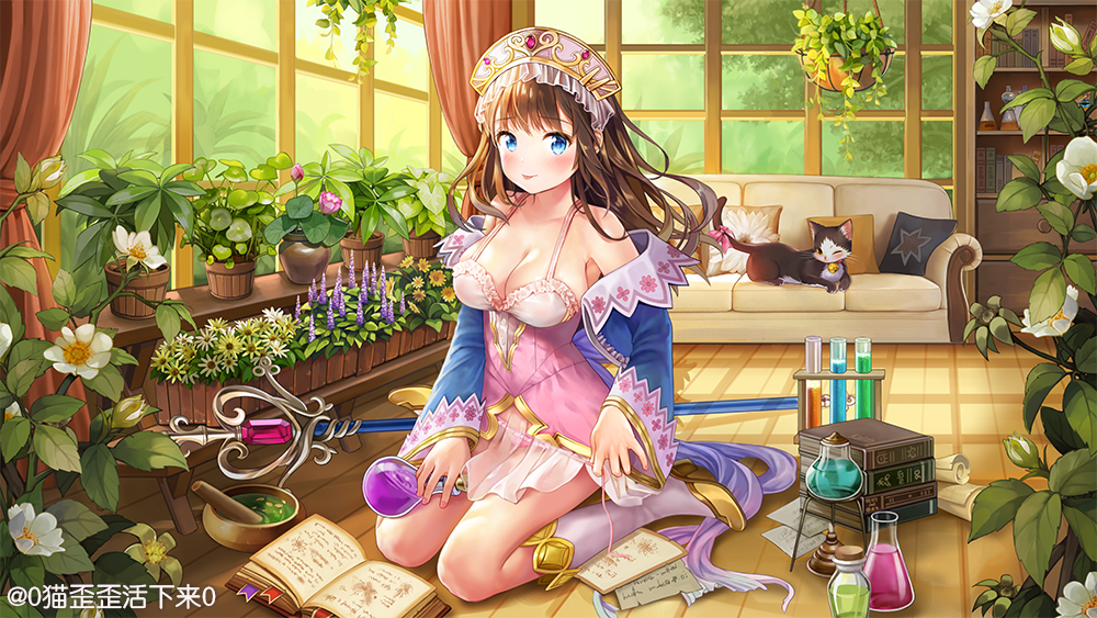 :p atelier_(series) atelier_totori blue_eyes blue_sleeves blush book bookmark bookshelf boots breasts brown_hair cat character_request cosplay couch curtains cushion headdress high_heels indoors long_hair looking_at_viewer medium_breasts mwwhxl on_floor open_book plant potted_plant round-bottom_flask sitting solo staff test_tube tongue tongue_out totooria_helmold totooria_helmold_(cosplay) wariza watermark white_footwear window wooden_floor