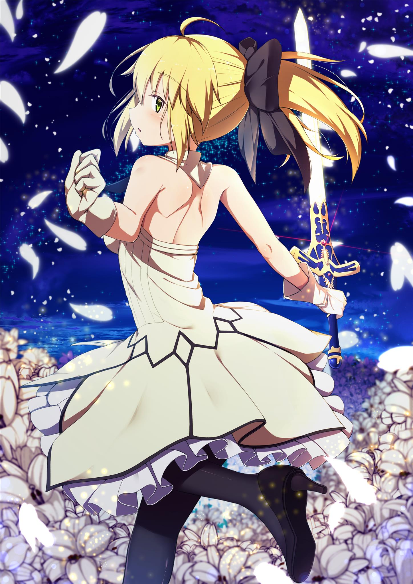 ahoge artoria_pendragon_(all) black_bow black_footwear black_legwear blonde_hair blue_sky bow caliburn choker dress eyebrows_visible_through_hair fate/unlimited_codes fate_(series) floating_hair flower gloves green_eyes hair_between_eyes hair_bow head_tilt high_heels highres holding holding_sword holding_weapon kawaruhi leg_up long_hair outdoors outstretched_arms pantyhose parted_lips petals ponytail pumps saber_lily short_dress shoulder_blades sky solo standing standing_on_one_leg strapless strapless_dress sword weapon white_dress white_flower white_gloves