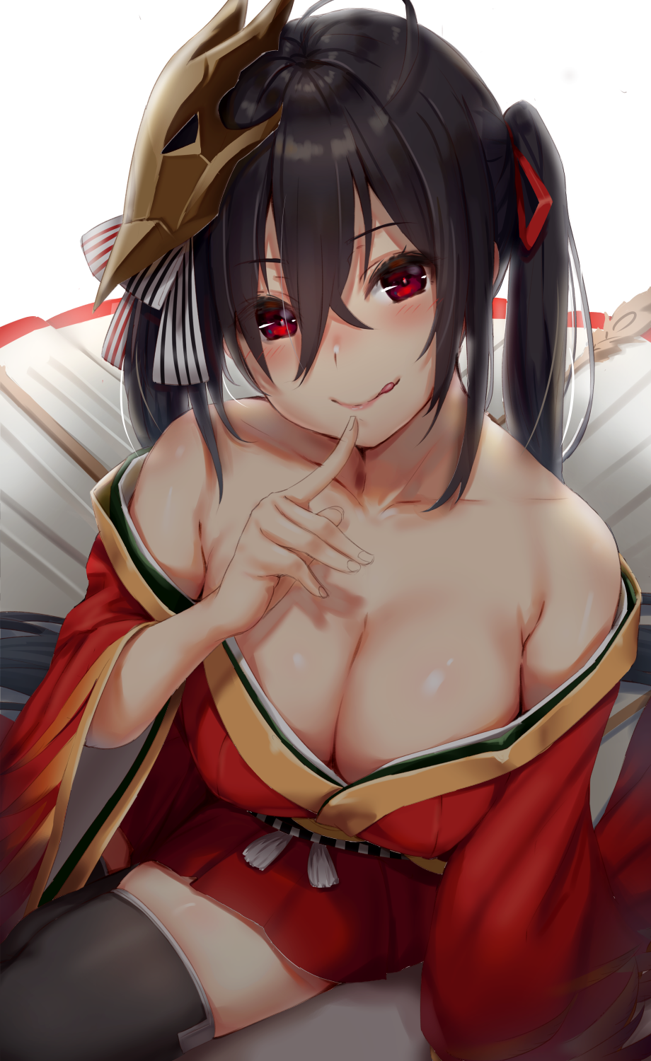 :q ahoge azur_lane bangs bare_shoulders black_hair black_legwear blush breasts choker cleavage collarbone commentary_request crossed_bangs eyebrows_visible_through_hair finger_to_mouth hair_between_eyes hair_ornament head_tilt highres huge_breasts japanese_clothes large_breasts long_hair looking_at_viewer mask mask_on_head obi off_shoulder open_mouth red_eyes reinama sash shushing sidelocks sitting smile solo taihou_(azur_lane) thighhighs tongue tongue_out twintails very_long_hair wariza wide_sleeves