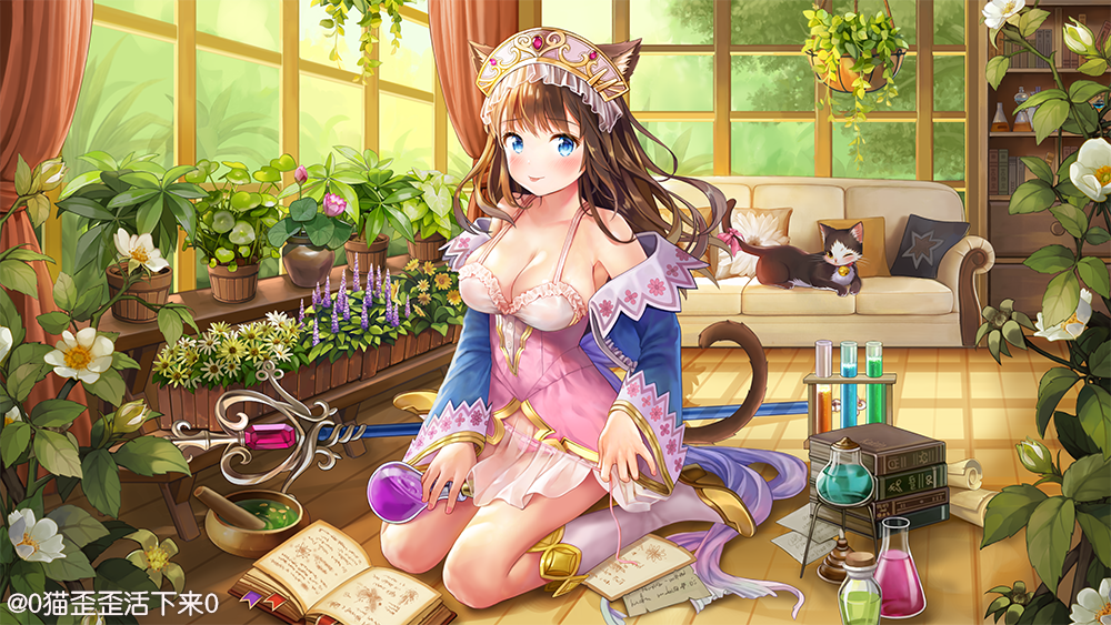 :p animal_ears atelier_(series) atelier_totori blue_eyes blue_sleeves blush book bookmark bookshelf boots breasts brown_hair cat cat_ears cat_tail character_request cosplay couch curtains cushion headdress high_heels indoors long_hair looking_at_viewer medium_breasts mwwhxl on_floor open_book plant potted_plant round-bottom_flask sitting solo staff tail test_tube tongue tongue_out totooria_helmold totooria_helmold_(cosplay) wariza watermark white_footwear window wooden_floor