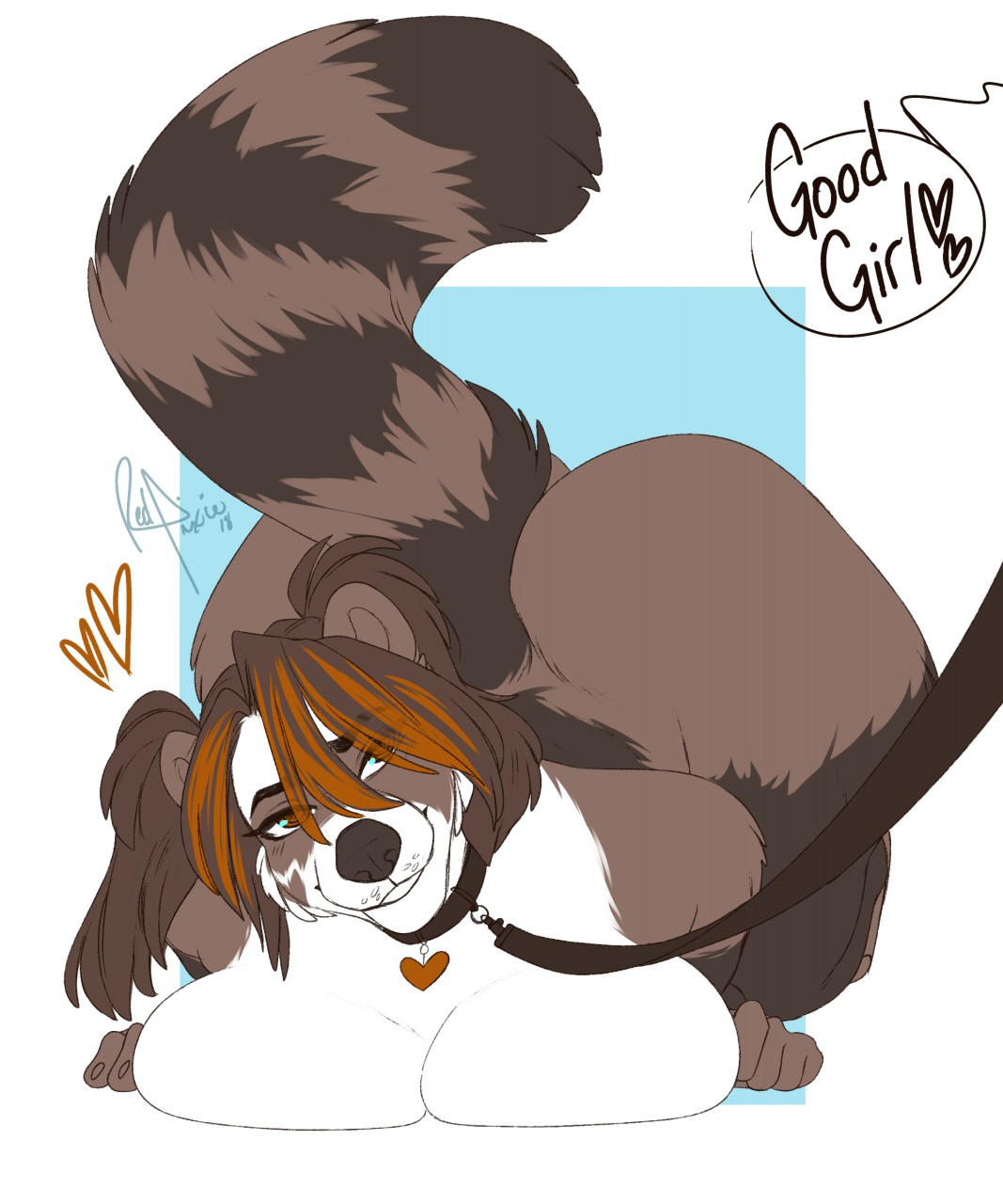 &lt;3 anthro big_breasts big_butt breasts butt collar english_text female huge_breasts huge_butt leash looking_at_viewer mammal procyonid raccoon redpixie smile solo text thick_thighs voluptuous