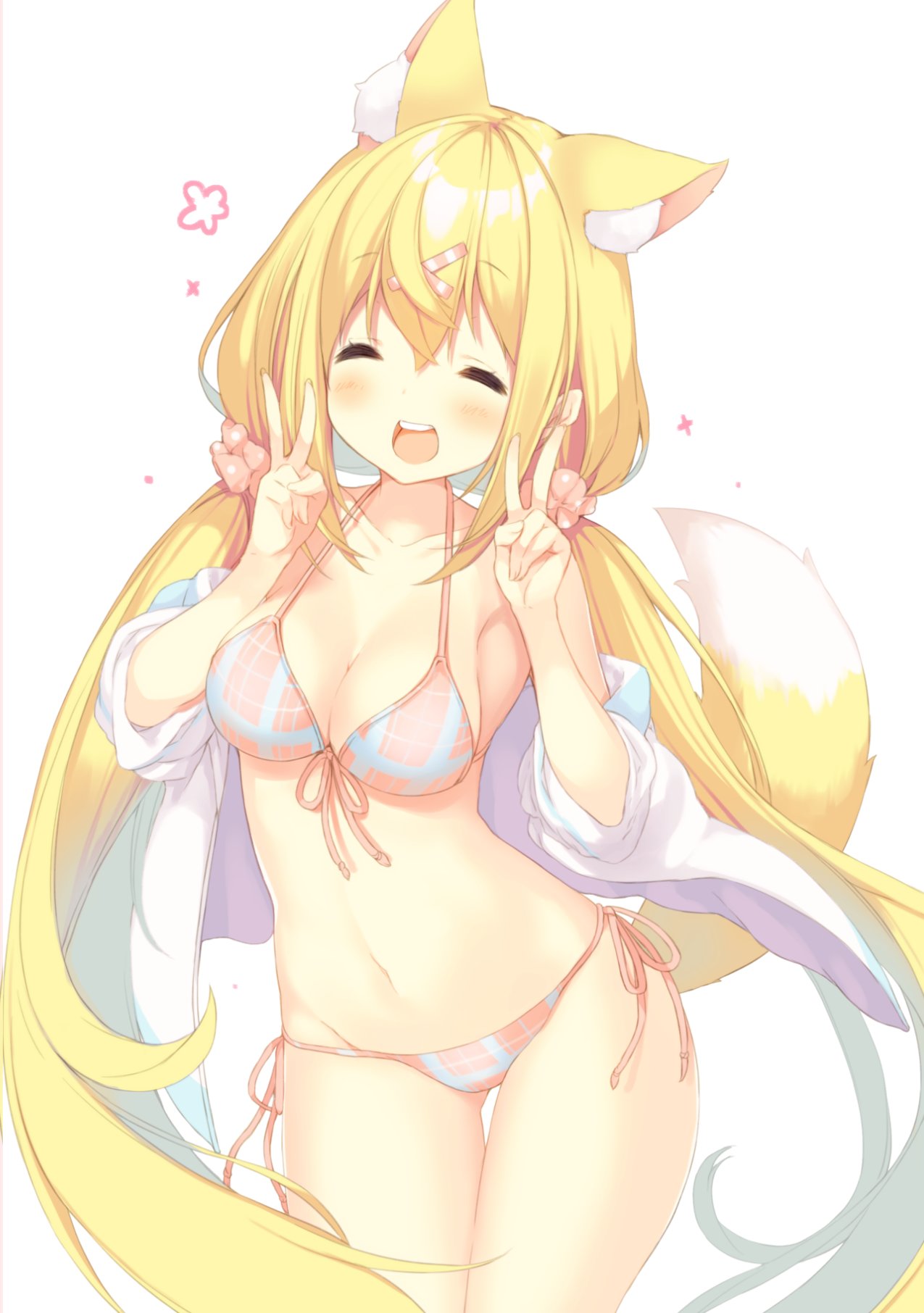 amamiya_mei animal_ears bangs bikini blonde_hair breasts cherry_blossoms closed_eyes commentary_request double_v extra_ears facing_viewer fox_ears fox_tail hair_ornament hairclip heart highres jacket large_breasts long_hair long_sleeves low_twintails open_clothes open_jacket open_mouth original p19 simple_background sleeves_pushed_up solo swimsuit tail twintails v white_background white_jacket