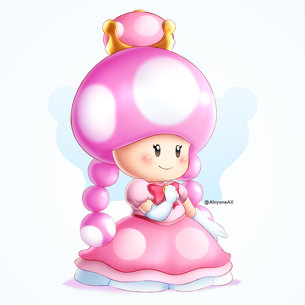 alcyone_(cyclone_gx) black_eyes blue_background blush bow clenched_hand cosplay crown dress elbow_gloves full_body gloves hand_up mario_(series) new_super_mario_bros._u_deluxe peachette peachette_(cosplay) pink_bow pink_dress pink_hair puffy_short_sleeves puffy_sleeves short_sleeves smile solo standing super_crown super_mario_bros. toadette twitter_username