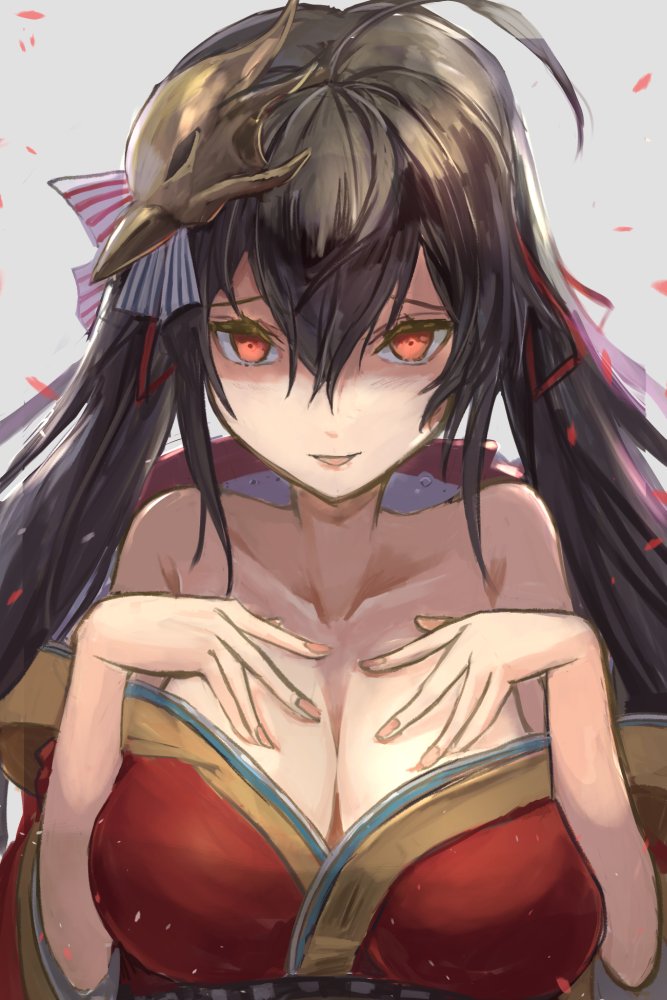 ahoge azur_lane bangs bare_shoulders black_hair blush breast_suppress breasts cleavage collarbone commentary_request eyebrows_visible_through_hair hair_between_eyes hair_ornament hair_ribbon huge_breasts japanese_clothes kimono large_breasts long_hair looking_at_viewer mask mask_on_head open_mouth petals red_eyes ribbon shaded_face sidelocks smile solo taihou_(azur_lane) upper_body uutan_(shibainu_kakumei) very_long_hair yandere