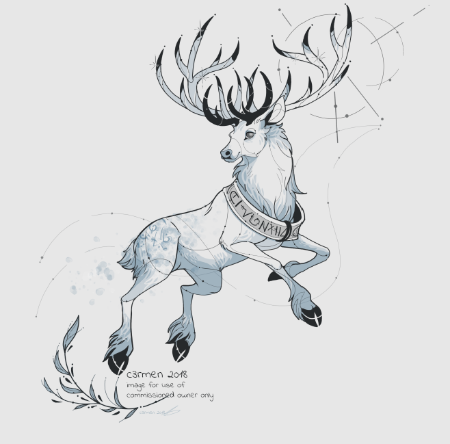 2018 antlers blue_fur c3rmen cervine collar digital_media_(artwork) featureless_crotch feral floating fur grey_eyes grey_fur hooves horn leaves male mammal markings mostly_nude plant quadruped runes short_tail signature simple_background smile solo sparkle spots spotted_fur suspended_in_midair text white_background white_fur