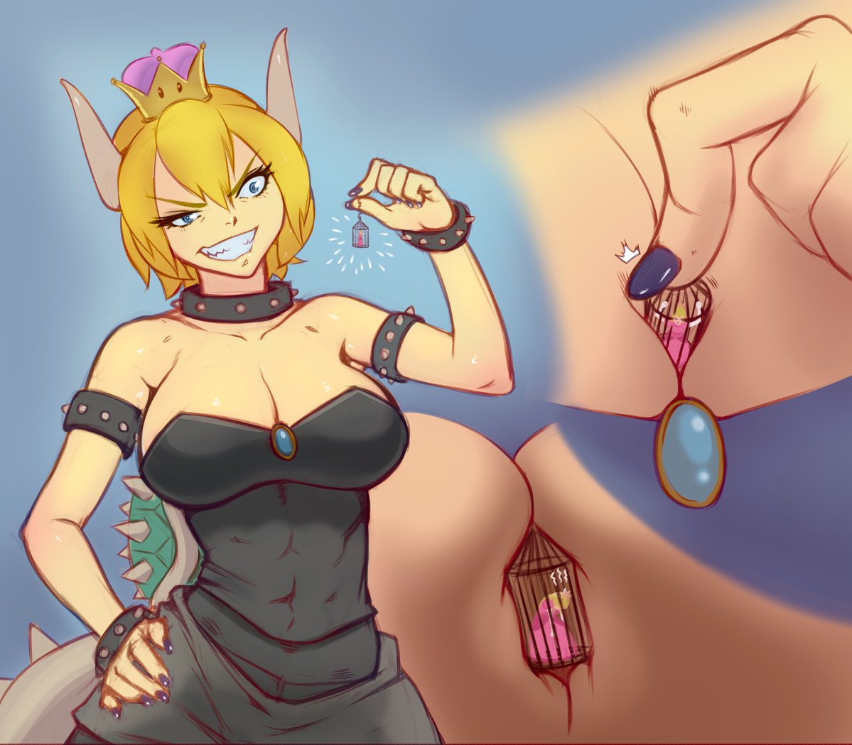 between_breasts blonde_hair bowser bowsette bracelet breast_hold breasts cage cleavage collar crown depressed genderswap giantess giga_bowser grin hand_on_hip horns jewelry kononokoniko large_breasts mario_(series) nintendo princess_peach shell smile spikes super_smash_bros.
