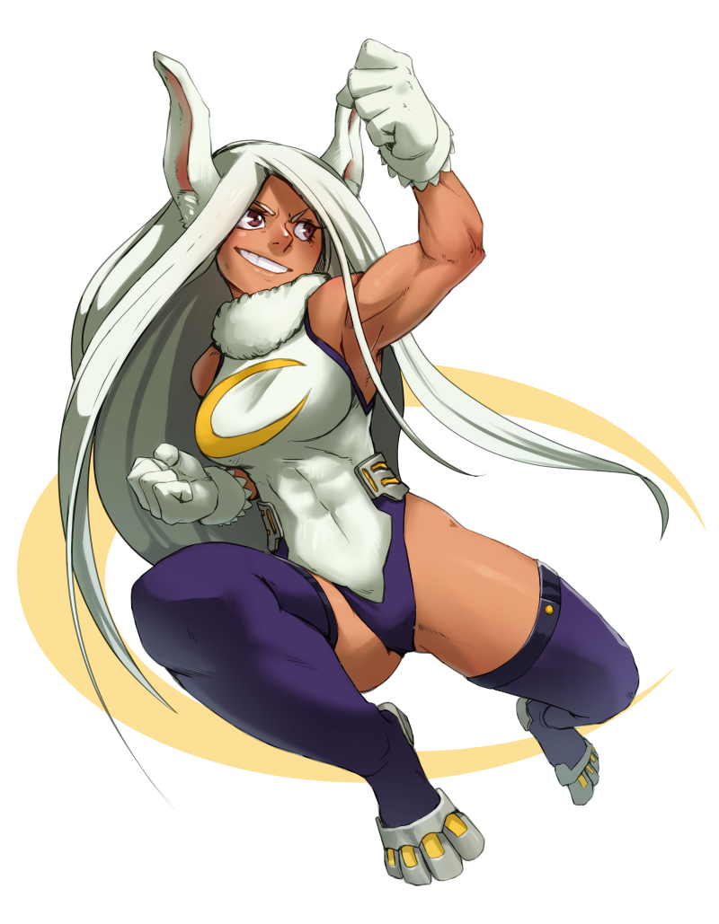 abs animal_ears bare_shoulders biceps boku_no_hero_academia breasts bunny_ears clenched_hands covered_navel crest dark_skin full_body gloves grin jumping leotard long_hair medium_breasts muscle muscular_female nose paw_shoes purple_legwear purple_leotard shaded_face shoes smile solo thighhighs usagiyama_rumi very_long_hair whistle_frog white_background white_gloves white_hair white_leotard