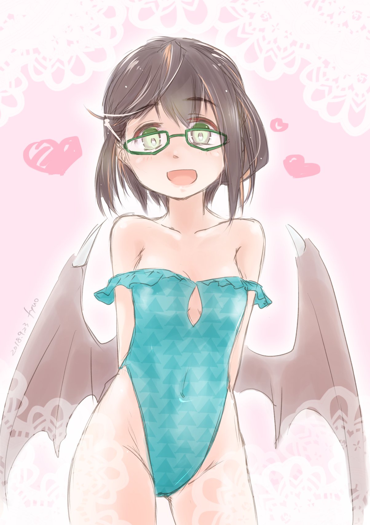adapted_costume aqua_swimsuit arms_behind_back bat_wings breasts brown_hair cleavage_cutout commentary_request cosplay fyuo glasses green-framed_eyewear green_eyes hair_ornament hairclip heart highleg highleg_swimsuit highres kantai_collection looking_at_viewer morrigan_aensland morrigan_aensland_(cosplay) multicolored_hair okinami_(kantai_collection) pink_background pink_hair small_breasts solo swimsuit unmoving_pattern vampire_(game) wings