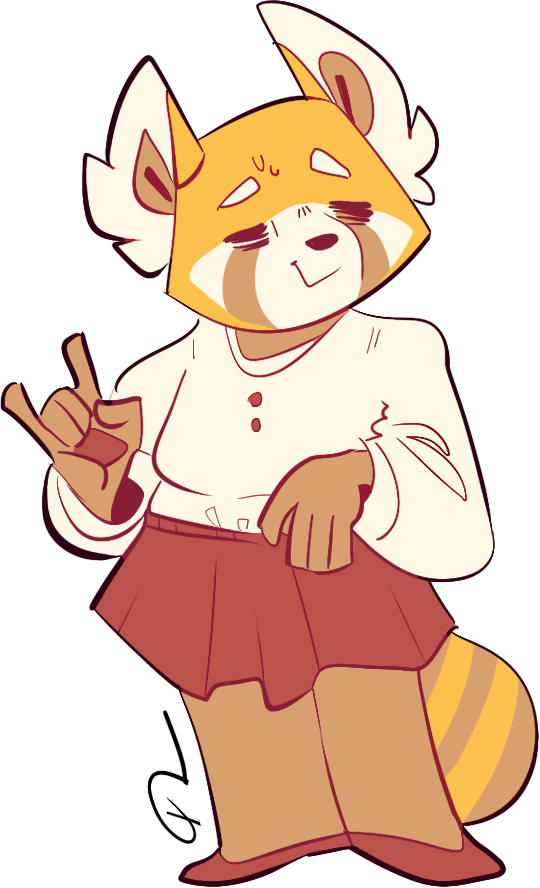 2018 5_fingers aggressive_retsuko alpha_channel anthro brown_fur brown_stripes clothed clothing devil_horns digital_media_(artwork) eyes_closed facial_markings female footwear fur kateboat mammal markings orange_fur portrait red_clothing red_panda retsuko shirt shoes signature skirt smile solo standing striped_fur striped_tail stripes sweat white_clothing white_fur