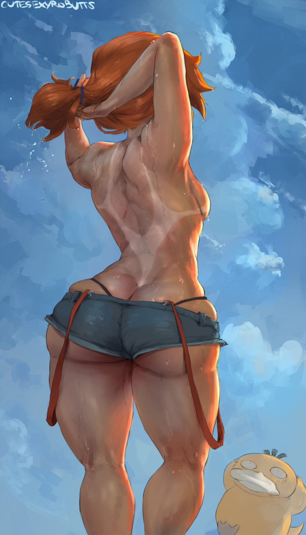 adjusting_hair arms_behind_head arms_up artist_name ass back black_panties blue_background breasts butt_crack cloud commentary cutesexyrobutts cutoffs day denim denim_shorts english_commentary facing_away feet_out_of_frame from_behind gen_1_pokemon highleg highleg_panties highres huge_ass kasumi_(pokemon) long_hair micro_shorts muscle nape older one-piece_tan panties panty_peek pokemon pokemon_(anime) pokemon_(classic_anime) pokemon_(creature) psyduck red_hair short_hair shorts sideboob signature solo standing suspender_shorts suspenders suspenders_hanging tan tanline thick_thighs thighs thong tied_hair toned topless tying_hair underwear wet