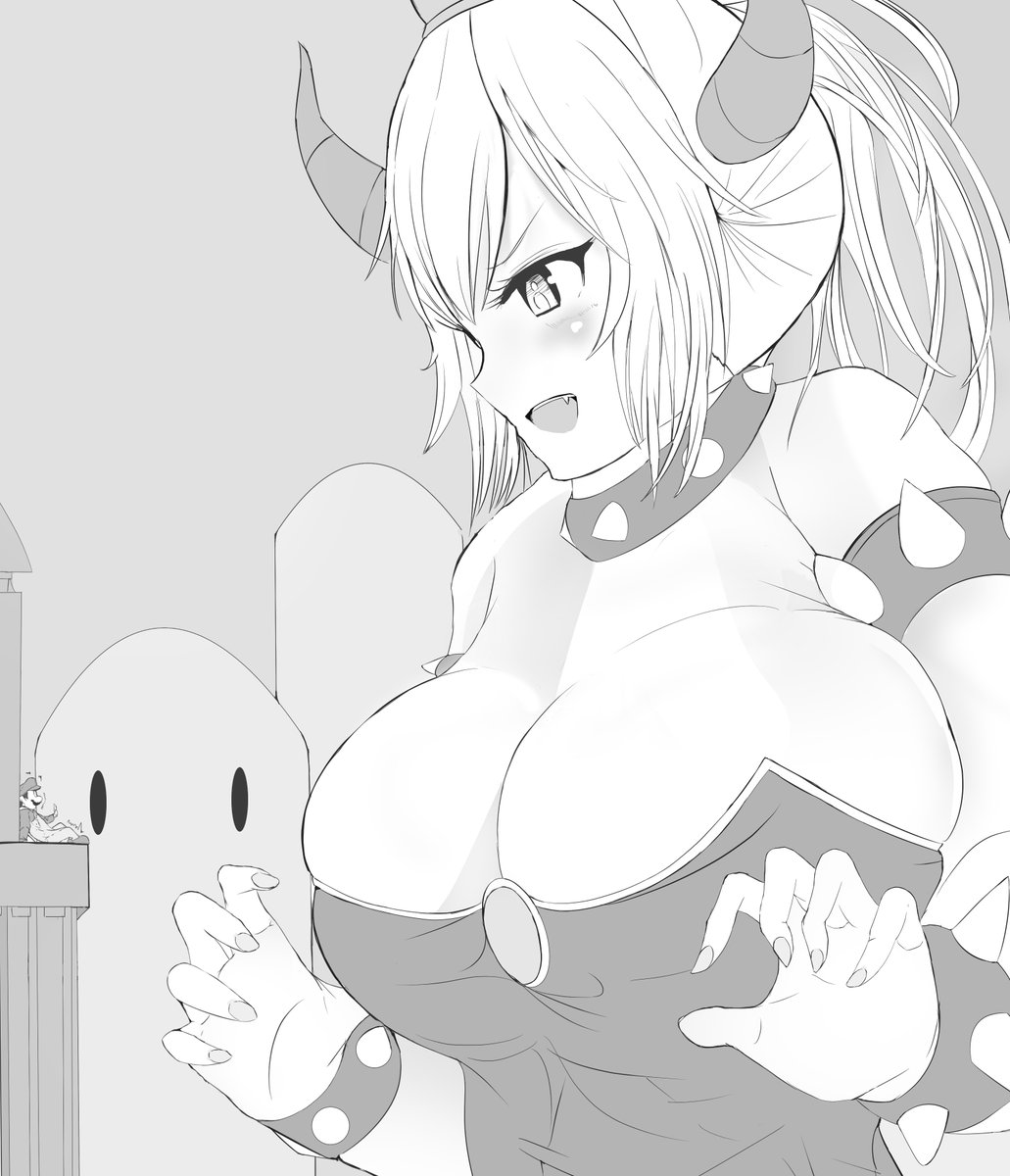 alicemagic blonde_hair bowser bowsette bracelet breasts cleavage collar excited fang giantess giga_bowser horns huge_breasts jewelry mario mario_(series) monochrome mountain nintendo scared size_difference spikes super_smash_bros. tower