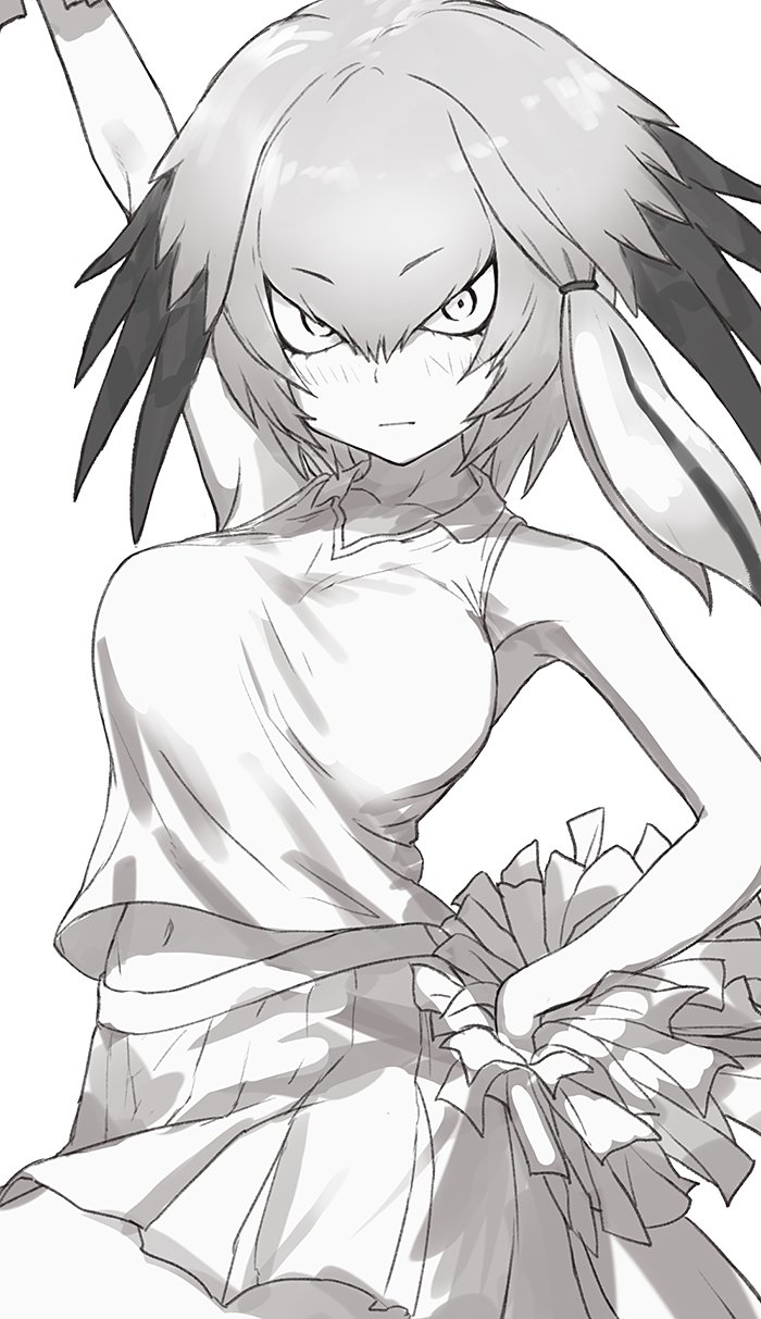 :| arm_up bangs bare_shoulders bouncing_breasts breasts cheerleader closed_mouth eyebrows_visible_through_hair greyscale guchico hair_between_eyes hand_on_hip highres kemono_friends large_breasts long_hair low_ponytail midriff_peek monochrome navel pleated_skirt pom_poms shirt shoebill_(kemono_friends) side_ponytail skirt sleeveless sleeveless_shirt solo v-shaped_eyebrows