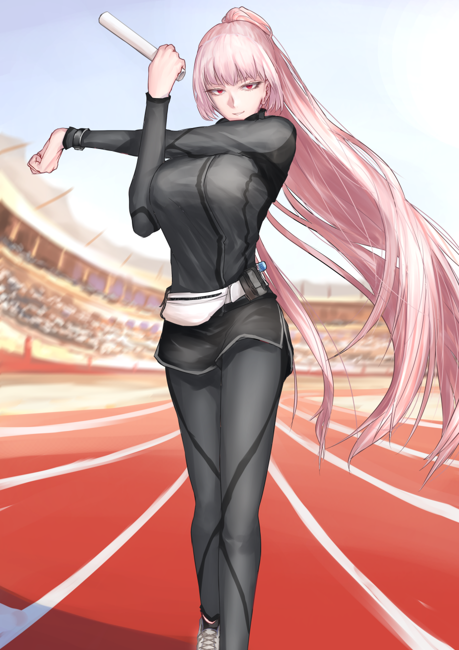 alternate_hairstyle breasts commentary_request fate/grand_order fate_(series) florence_nightingale_(fate/grand_order) highres jacket kanjou_jouki large_breasts long_hair looking_at_viewer open_mouth pants pink_hair ponytail red_eyes solo track_jacket track_pants track_suit very_long_hair