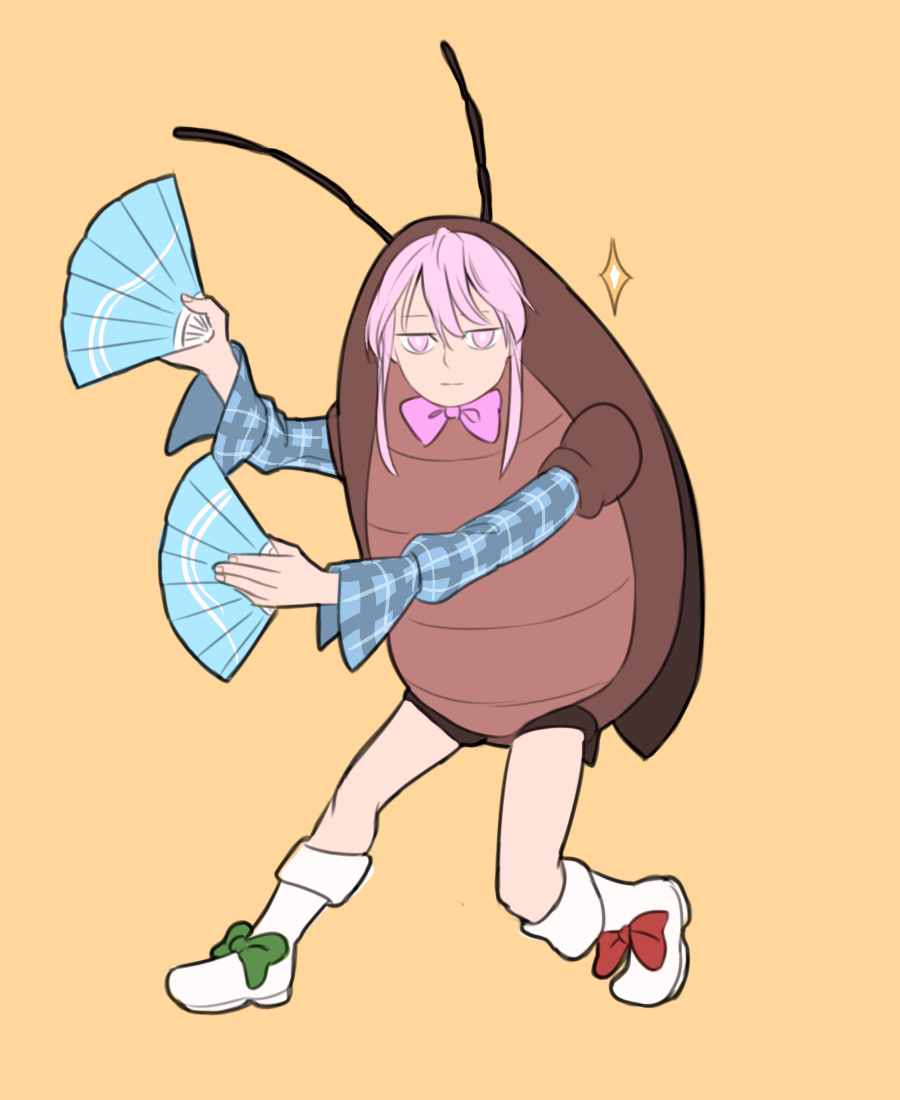 boots bug cockroach commentary cosplay dancing expressionless fan green_ribbon hata_no_kokoro insect mefomefo orange_background pink_eyes pink_hair pink_ribbon plaid plaid_shirt pun red_ribbon ribbon shirt short_hair simple_background spanish_commentary sparkle touhou white_footwear