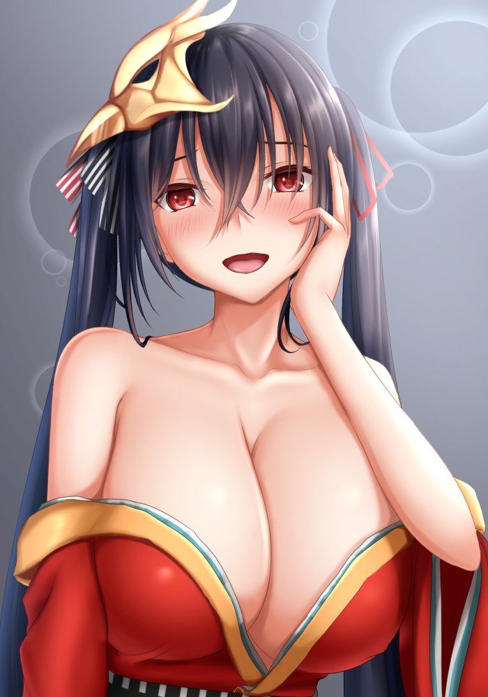 :d azur_lane bad_id bad_pixiv_id bangs bare_shoulders black_hair blush breasts cleavage collarbone crossed_bangs hair_between_eyes hair_ribbon hand_on_own_face japanese_clothes long_hair looking_at_viewer open_mouth red_eyes red_ribbon ribbon smile solo taihou_(azur_lane) tapisuke twintails wide_sleeves