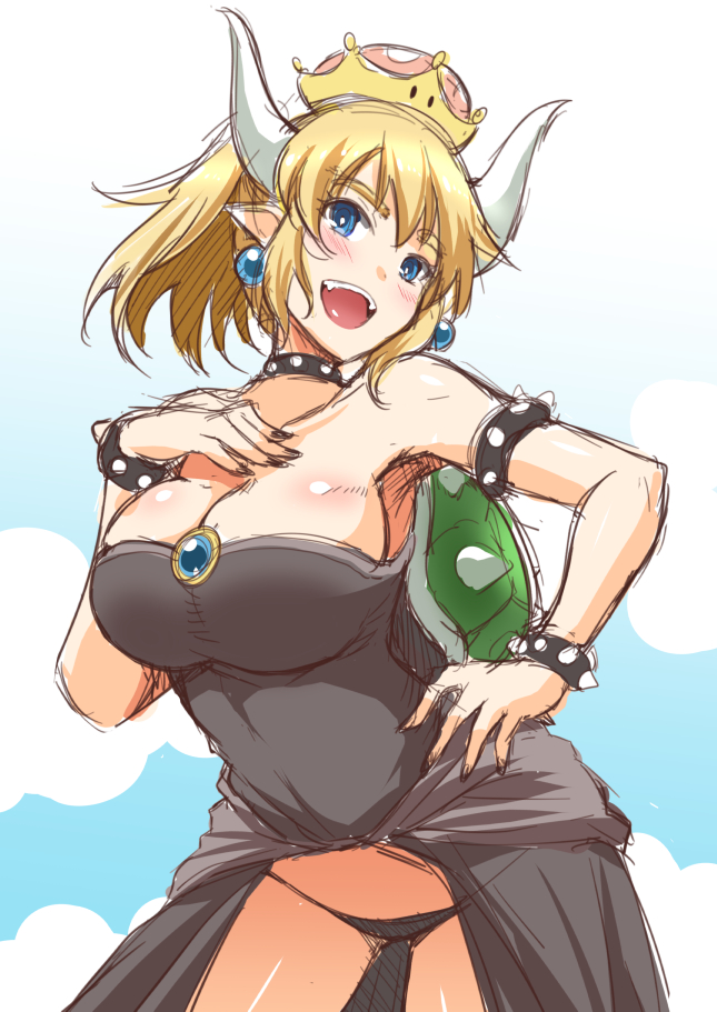 :d bare_shoulders black_dress black_panties blonde_hair blue_eyes blue_sky blush bowsette bracelet breasts cleavage cloud collar commentary_request crown day dress earrings empty_eyes eyebrows_visible_through_hair hand_on_hip hand_on_own_chest hand_up horns jewelry large_breasts mario_(series) nekoi_hikaru new_super_mario_bros._u_deluxe open_mouth outdoors panties ponytail sketch sky smile solo spiked_bracelet spiked_collar spikes super_crown underwear
