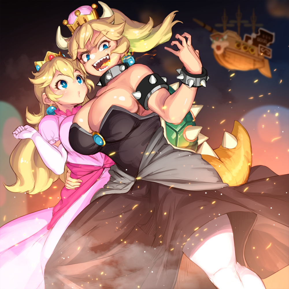 aircraft airship armlet bare_shoulders black_dress blonde_hair blue_eyes blush borrowed_design bowsette bracelet breasts brooch cleavage collar commentary crown dress earrings elbow_gloves eyebrows gloves horns jewelry large_breasts long_hair looking_at_another looking_down mario_(series) multiple_girls new_super_mario_bros._u_deluxe open_mouth pink_dress princess_peach sharp_teeth shell spiked_bracelet spiked_collar spiked_shell spikes super_crown super_mario_bros. tail teeth white_gloves yana_(nekoarashi)