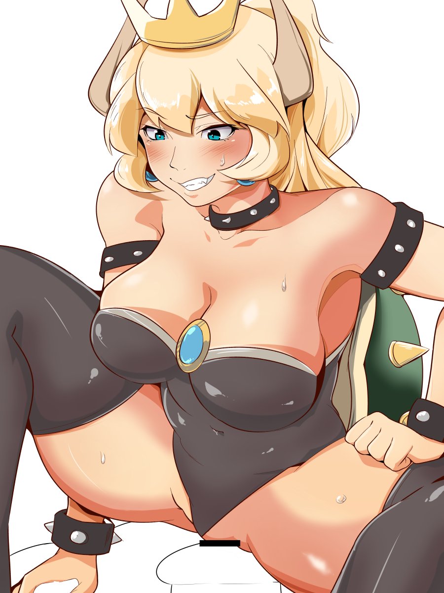 adapted_costume alternate_costume aqua_eyes bad_id bad_twitter_id bar_censor bare_shoulders belly black_leotard blonde_hair blush borrowed_character bowsette bracelet breasts brooch censored collar commentary_request crown earrings grin hair_between_eyes hekiga_(freelot) highres imminent_vaginal impossible_clothes impossible_leotard jewelry large_breasts leotard leotard_aside looking_down mario_(series) naughty_face navel new_super_mario_bros._u_deluxe ponytail shell shiny shiny_hair shiny_skin sidelocks smile solo spiked_bracelet spiked_collar spikes squatting strapless strapless_leotard super_crown sweat sweatdrop thick_thighs thighs