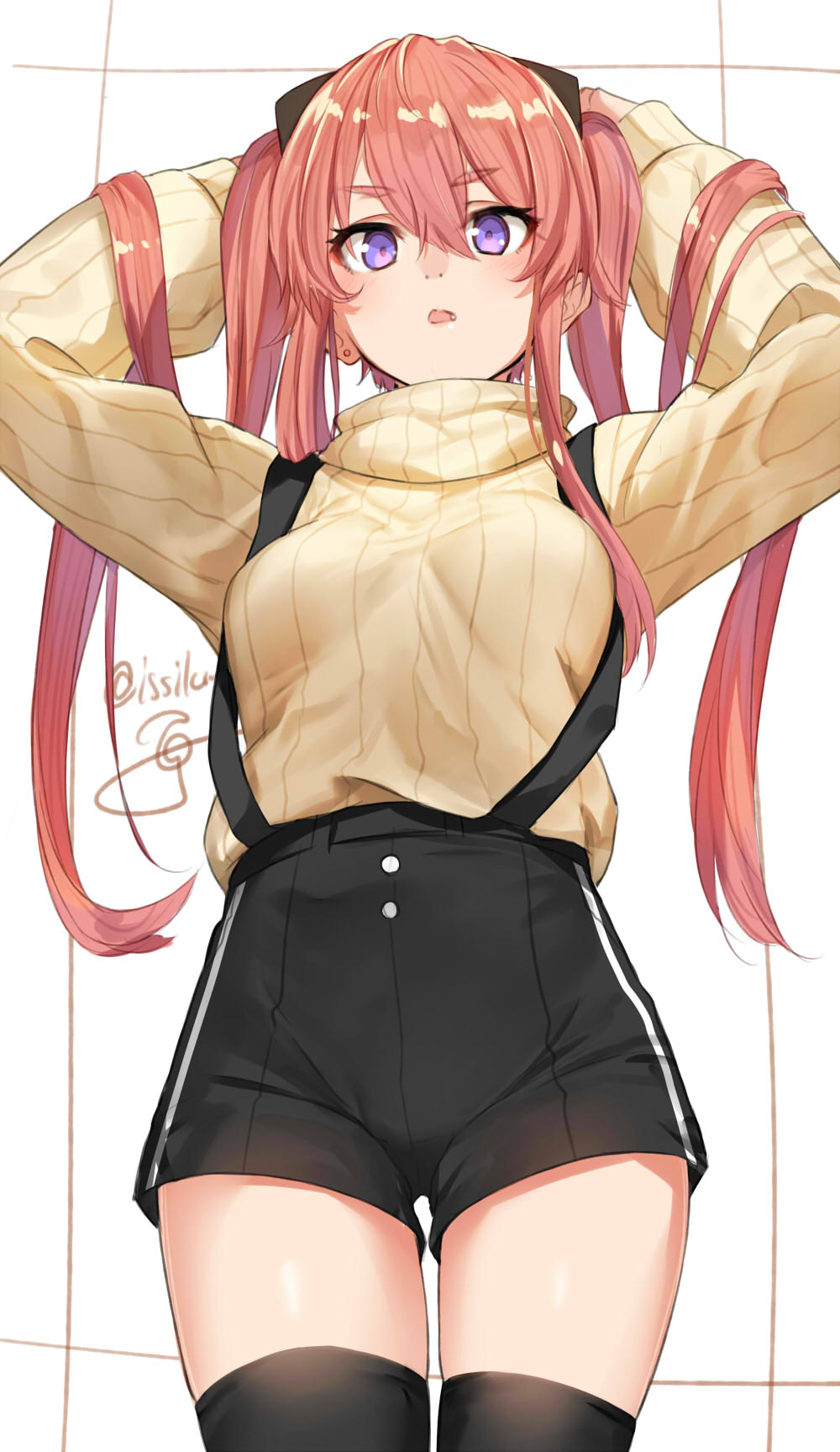 breasts highres isshiki_(ffmania7) looking_at_viewer medium_breasts pink_hair purple_eyes shorts suspenders sweater thighhighs turtleneck turtleneck_sweater twintails