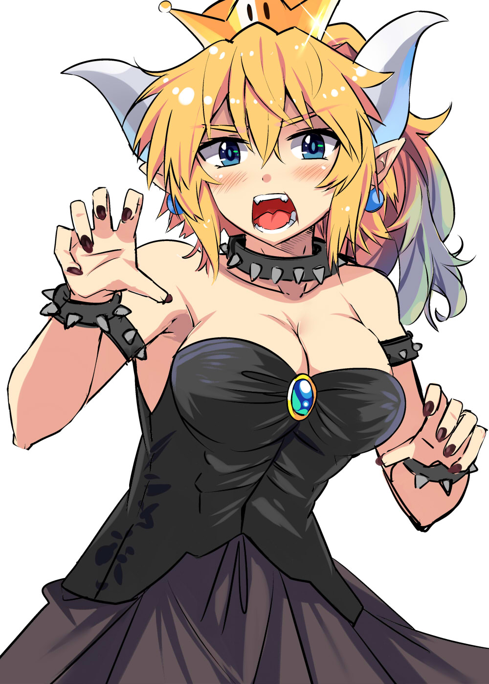 armlet bangs bare_arms bare_shoulders black_collar black_dress black_nails blonde_hair blue_eyes blush bowsette bracelet breasts brooch claw_pose cleavage collar collarbone commentary_request cowboy_shot crown dress e.o. earrings eyebrows_visible_through_hair fangs hair_between_eyes half_updo hand_up highres horns jewelry large_breasts long_hair mario_(series) mini_crown nail_polish new_super_mario_bros._u_deluxe open_mouth pointy_ears simple_background solo spiked_armlet spiked_bracelet spiked_collar spikes standing strapless strapless_dress super_crown v-shaped_eyebrows white_background