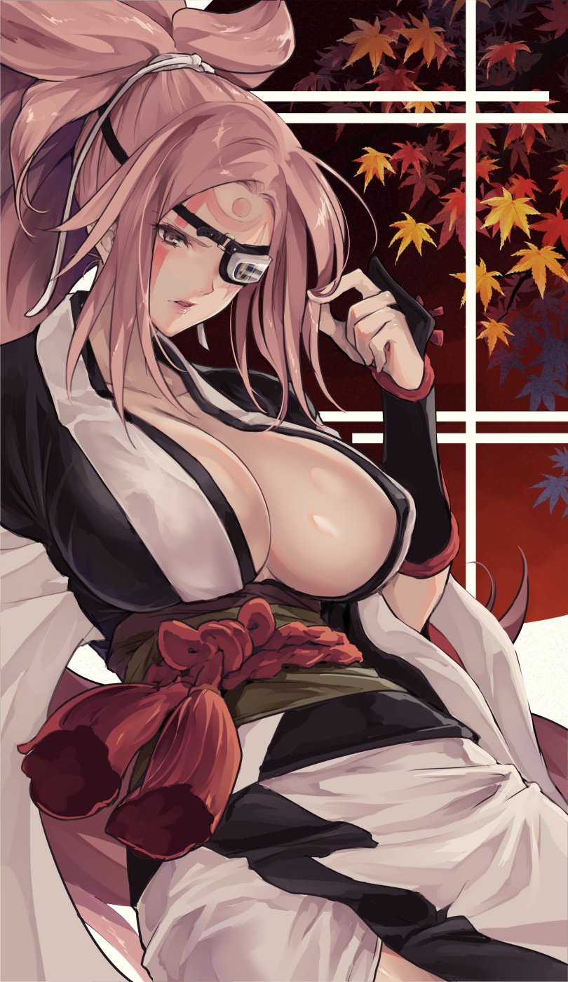 amputee arm_guards baiken big_hair black_kimono breasts commentary_request eyepatch facial_tattoo guilty_gear guilty_gear_xrd hand_in_hair highres jako_(toyprn) japanese_clothes kataginu kimono large_breasts leaf looking_down maple_leaf multicolored multicolored_clothes multicolored_kimono obi one-eyed open_clothes open_kimono parted_lips pink_eyes pink_hair ponytail rope samurai sash scar scar_across_eye tattoo white_kimono