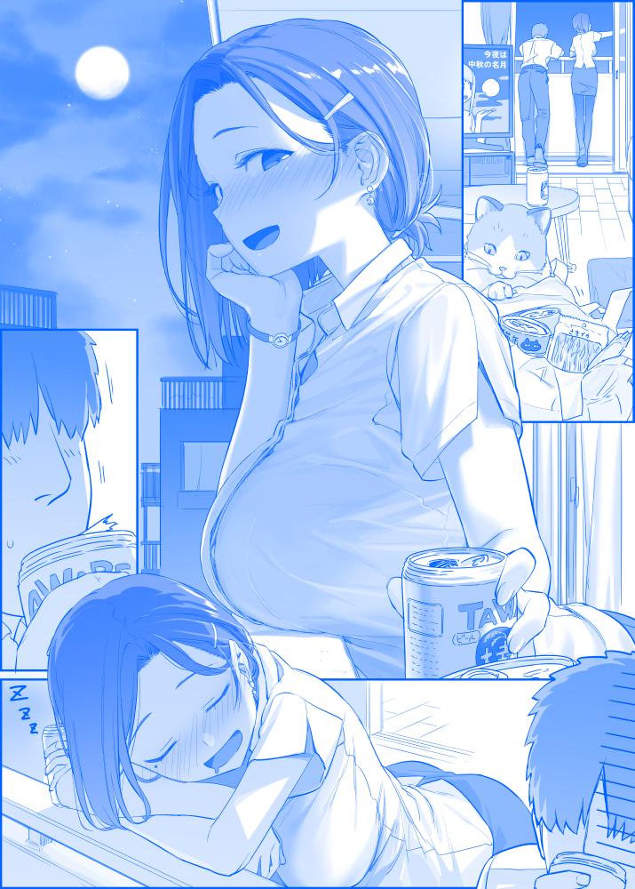 1girl :d announcer-san_(tawawa) balcony bangs beer_can blue blush breast_rest breasts can cat check_commentary chin_rest closed_eyes commentary_request drooling drunk ear_blush earrings faceless faceless_male full_moon getsuyoubi_no_tawawa hair_ornament hairclip himura_kiseki jewelry kouhai-chan_(tawawa) large_breasts looking_at_viewer mid-autumn_festival mole mole_under_eye monochrome moon multiple_girls open_mouth outdoors parted_bangs shirt short_sleeves sleeping smile standing taut_clothes taut_shirt translated watch wristwatch zzz