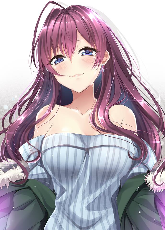 :3 ahoge blue_eyes brown_hair collarbone commentary_request gu_li head_tilt ichinose_shiki idolmaster idolmaster_cinderella_girls idolmaster_cinderella_girls_starlight_stage jacket long_hair looking_at_viewer off-shoulder_shirt open_clothes open_jacket shirt solo sparkle striped striped_shirt