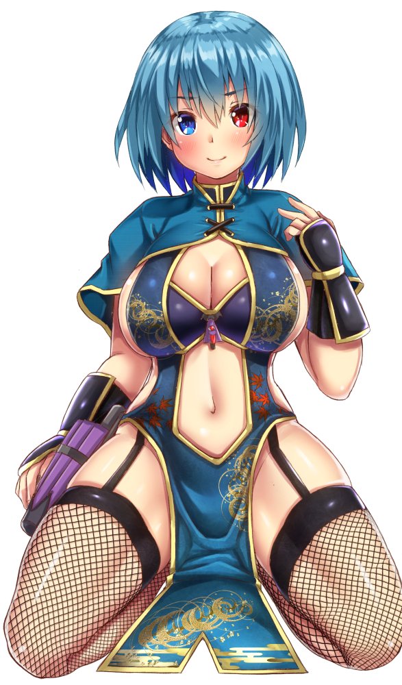 alternate_costume bangs blue_capelet blue_dress blue_eyes blue_hair blush breasts capelet china_dress chinese_clothes cleavage closed_umbrella commentary dress ebi_193 eyebrows_visible_through_hair fishnet_legwear fishnets full_body garter_straps hair_between_eyes hand_up heterochromia large_breasts leaf_print looking_at_viewer navel pelvic_curtain purple_umbrella red_eyes seiza shiny shiny_skin short_hair simple_background sitting smile solo stomach tatara_kogasa thighhighs thighs touhou umbrella vambraces white_background