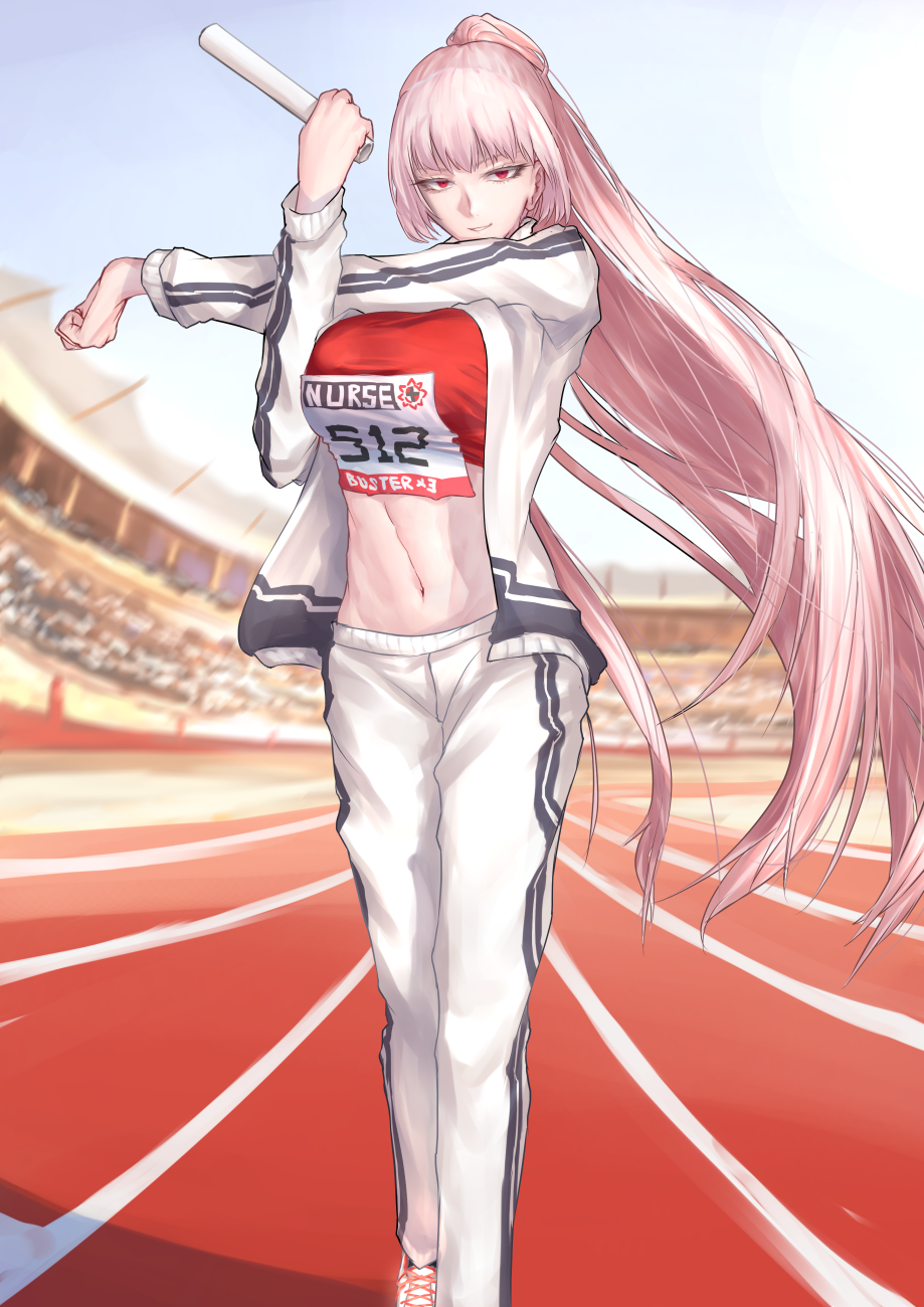 abs alternate_hairstyle breasts fate/grand_order fate_(series) florence_nightingale_(fate/grand_order) highres jacket kanjou_jouki large_breasts long_hair looking_at_viewer navel open_clothes open_mouth pants pink_hair ponytail red_eyes solo track_jacket track_pants track_suit very_long_hair