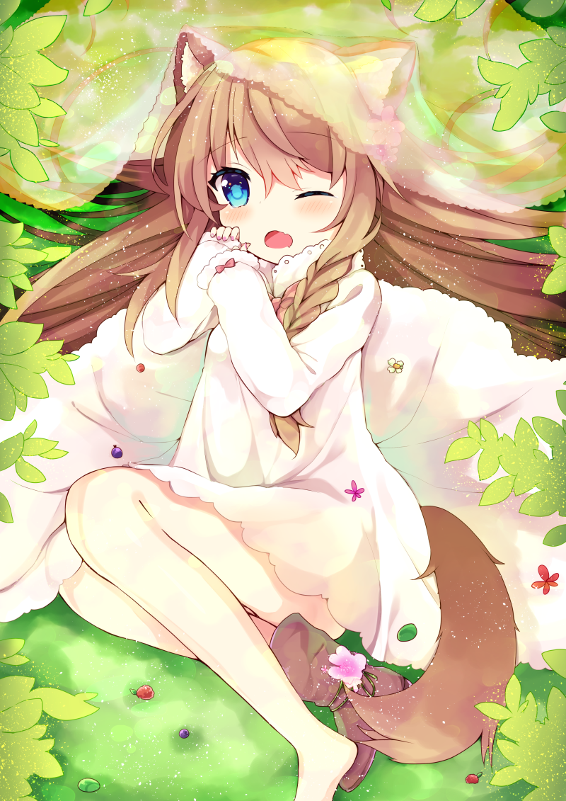 ;o animal_ears bare_legs barefoot blue_eyes boots braid brown_hair commentary_request dress fang grass long_hair long_sleeves lying maki_soutoki one_eye_closed original side_braid single_boot single_braid tail veil very_long_hair wolf_ears wolf_tail