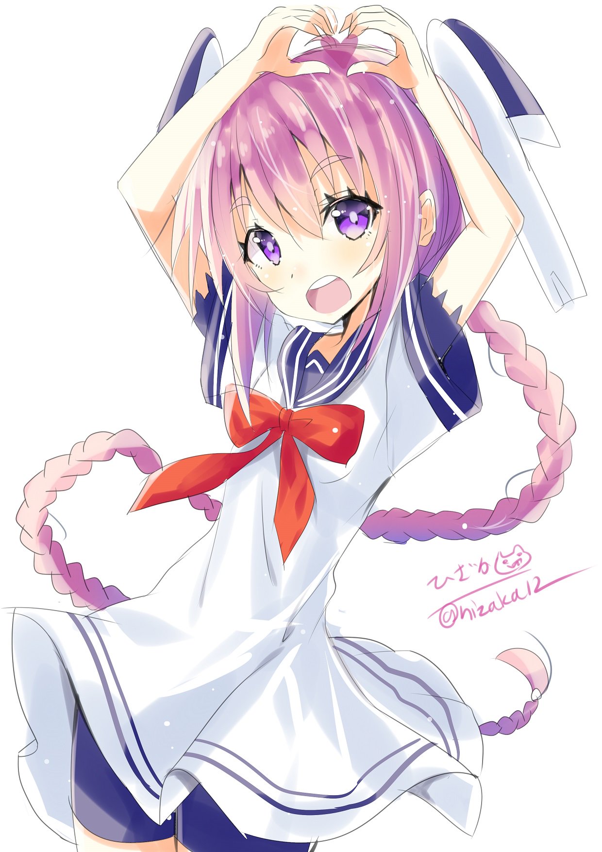 arms_up bike_shorts blush bow bowtie braid commentary_request dress eyebrows_visible_through_hair hair_between_eyes headgear heart heart_hands highres hizaka kantai_collection long_hair looking_at_viewer nenohi_(kantai_collection) open_mouth pink_hair purple_eyes sailor_collar sailor_dress short_shorts short_sleeves shorts simple_background single_braid solo twitter_username very_long_hair white_background