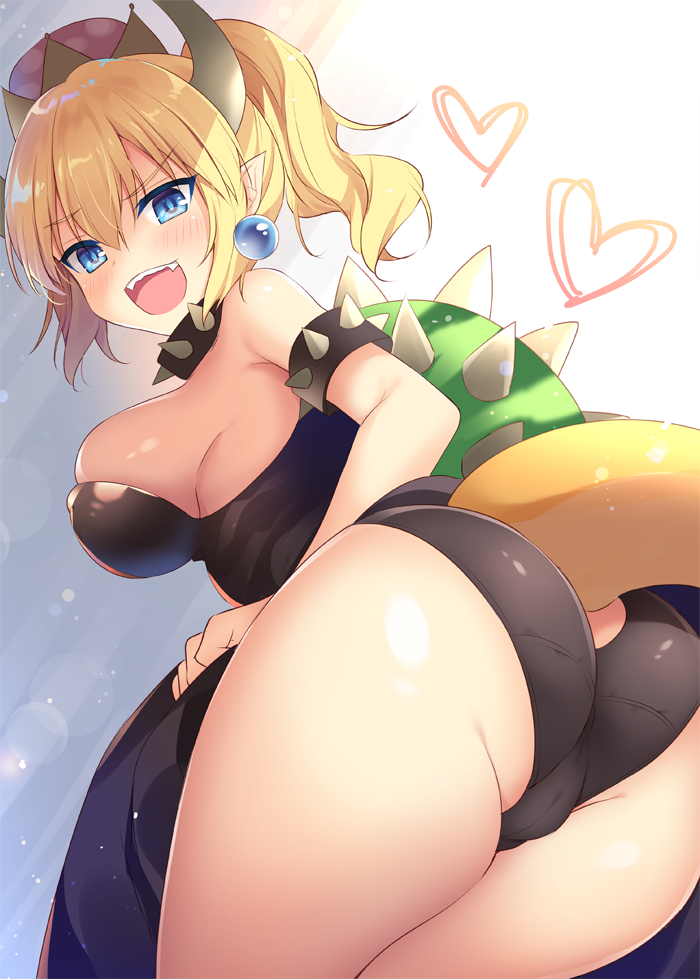 :d ass black_dress black_panties blonde_hair blue_eyes blush bowsette bracelet breasts collar commentary crown dress earrings eyebrows_visible_through_hair from_behind heart jewelry large_breasts looking_at_viewer mario_(series) md5_mismatch new_super_mario_bros._u_deluxe open_mouth panties pointy_ears ponytail shikitani_asuka short_hair sideboob smile solo spiked_bracelet spiked_collar spikes super_crown tail teeth underwear