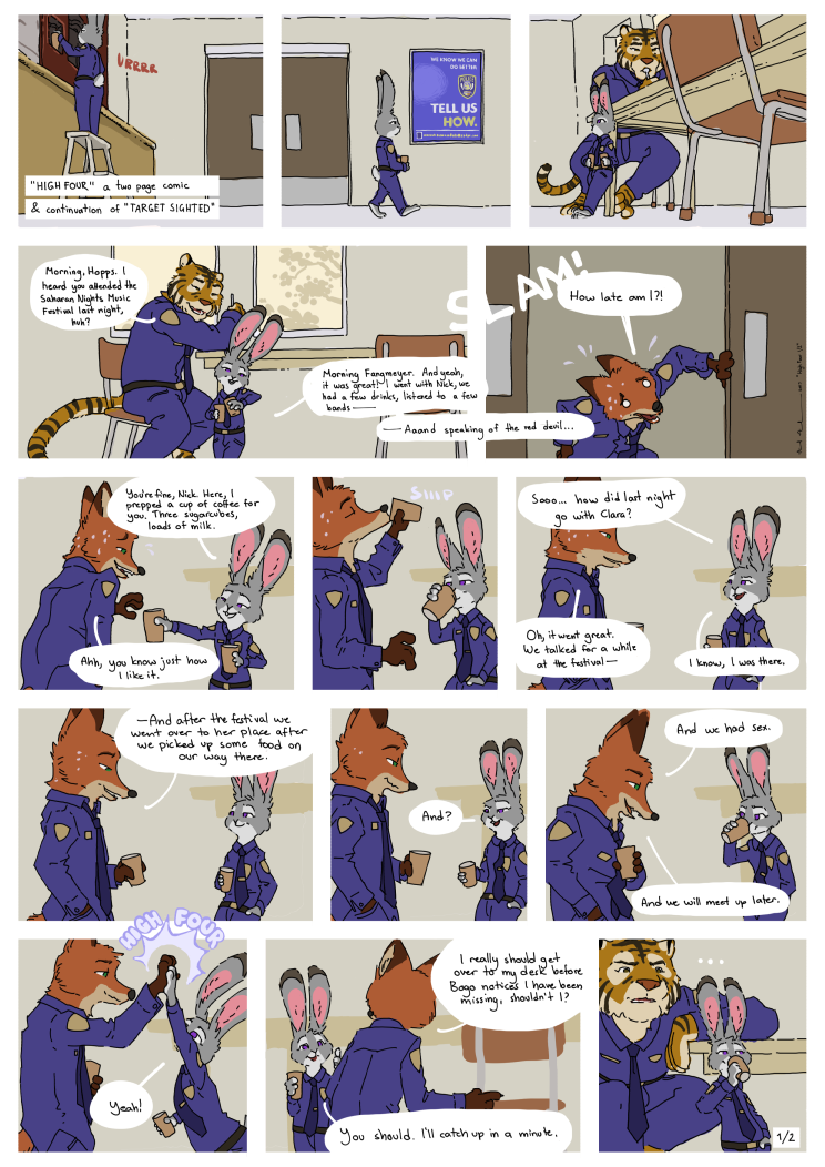 anthro axelegandersson badge canine chair clothed clothing comic cup disney door drinking english_text feline female fox fully_clothed fur green_eyes grey_fur group judy_hopps lagomorph male mammal necktie nick_wilde officer_fangmeyer orange_fur panic police purple_eyes rabbit size_difference smile stripes sweat table text tiger uniform walking zootopia