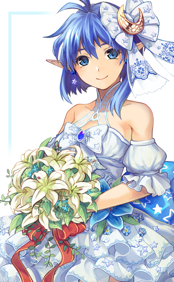 antenna_hair asymmetrical_hair bangs bare_shoulders blue_eyes blue_hair bouquet brown_eyes brown_hair closed_mouth crescent crescent_hair_ornament detached_sleeves dress earrings flower hair_between_eyes hair_ornament holding holding_bouquet jewelry lily_(flower) mzkk_1826 pointy_ears puffy_short_sleeves puffy_sleeves rena_lanford short_hair short_sleeves smile solo star star_earrings star_ocean star_ocean_anamnesis star_ocean_the_second_story wedding_dress white_dress white_flower