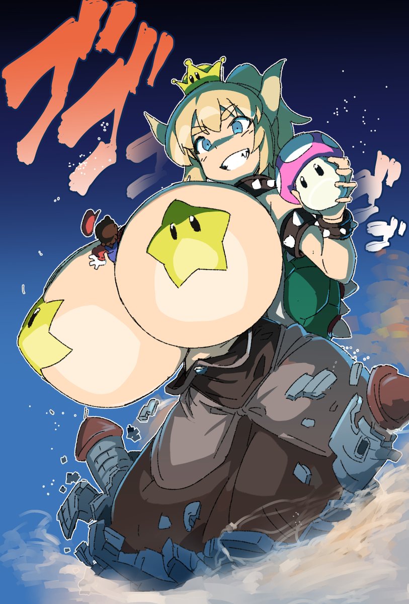 1boy 1girl between_breasts blonde_hair blue_eyes bowser bowsette bracelet breasts castle collar crown destruction giantess giga_bowser gigantic_breasts grin growth jewelry mario mario_(series) mega_mushroom night night_sky nintendo outgrowing pasties shell size_difference sky smile spikes star star_pasties super_smash_bros. topless