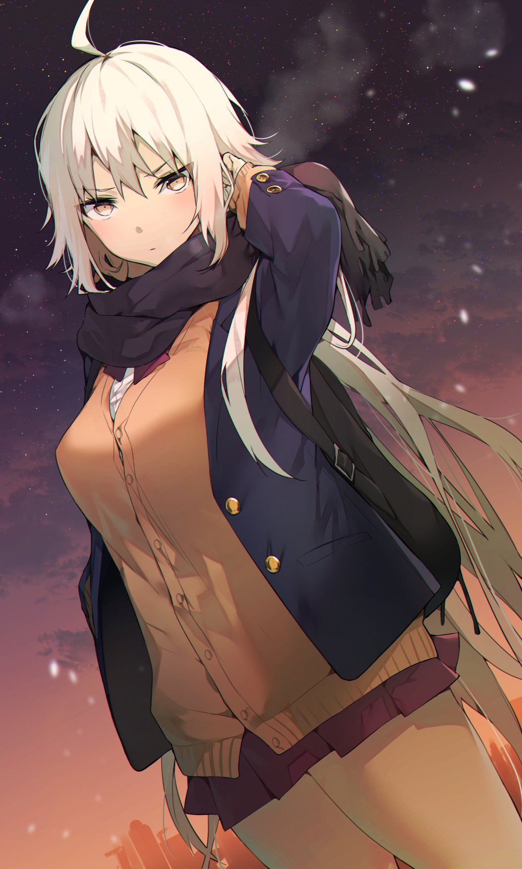 ahoge blazer cardigan commentary_request fate/grand_order fate_(series) highres itohana jacket jeanne_d'arc_(alter)_(fate) jeanne_d'arc_(fate)_(all) long_hair looking_at_viewer scarf school_uniform skirt very_long_hair white_hair yellow_eyes