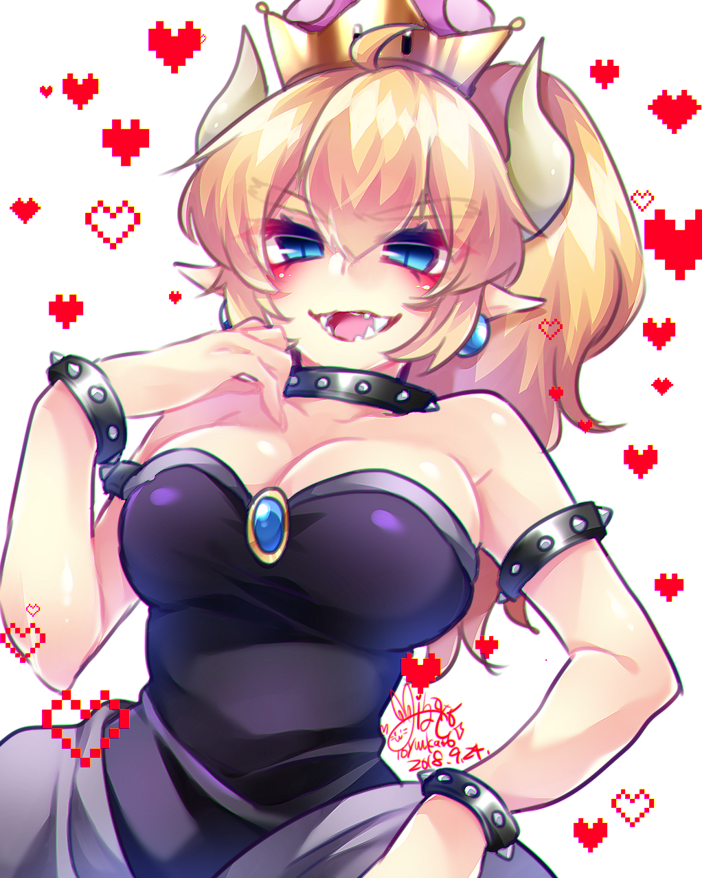 bare_shoulders black_dress blonde_hair blue_eyes blush borrowed_design bowsette bracelet breasts cleavage collar commentary crown dated dress earrings eyebrows_visible_through_hair fangs gem hair_between_eyes hand_up heart highres horns jewelry kashiwagi_minato large_breasts looking_at_viewer mario_(series) new_super_mario_bros._u_deluxe pointy_ears signature smile spiked_armlet spiked_bracelet spiked_collar spikes standing super_crown super_mario_bros. teeth upper_body white_background