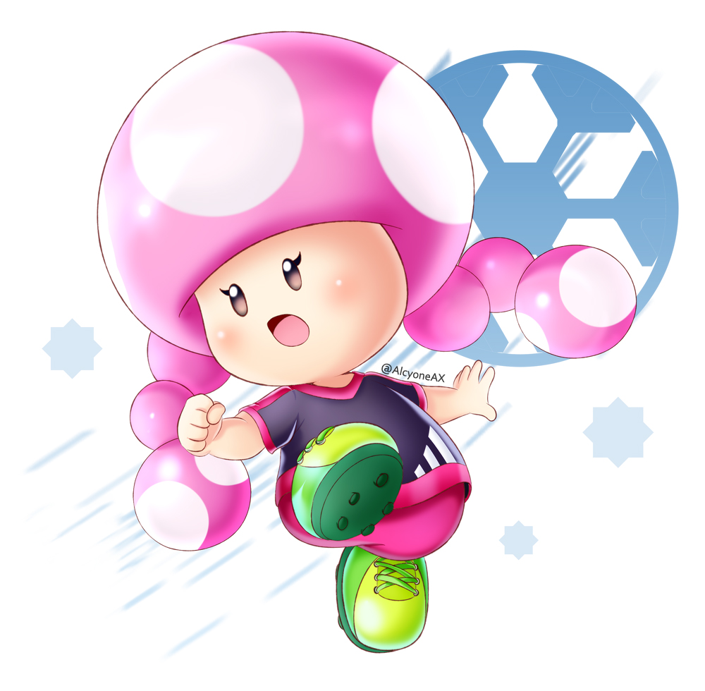 :o alcyone_(cyclone_gx) artist_name ball black_eyes blush cleats clenched_hand commentary_request full_body green_footwear mario_(series) pink_hair simple_background soccer_ball soccer_uniform solo sportswear super_mario_bros. super_mario_strikers toadette white_background