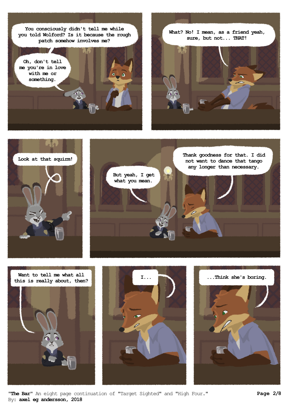 alcohol anthro axelegandersson bar beverage clothed clothing comic disney duo english_text female fully_clothed judy_hopps male nick_wilde text zootopia