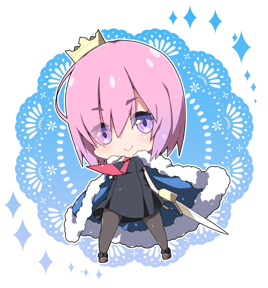 bangs black_dress blue_cloak blush boots breasts brown_footwear brown_legwear chibi cloak closed_mouth commentary crown doily dress dutch_angle eyebrows_visible_through_hair eyes_visible_through_hair fate/grand_order fate_(series) full_body fur-trimmed_cloak fur_trim hair_over_one_eye holding holding_sword holding_weapon mash_kyrielight medium_breasts milkpanda mini_crown necktie pantyhose pink_hair pleated_dress red_neckwear sleeveless sleeveless_dress smile solo sparkle standing sword weapon white_background