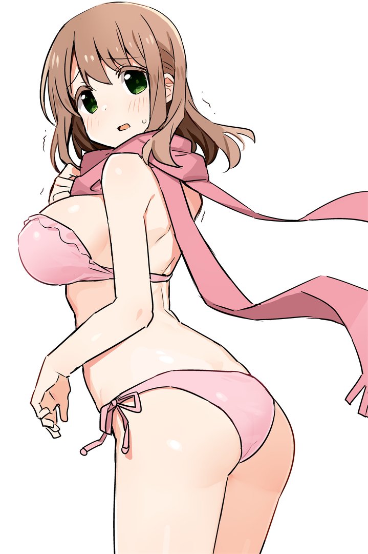 ass bangs bare_arms bare_shoulders bikini blush breasts brown_hair colored_eyelashes cowboy_shot eyebrows_visible_through_hair fringe_trim from_side green_eyes hair_between_eyes hand_up head_tilt large_breasts long_hair looking_at_viewer looking_to_the_side matsumi_yuu parted_lips pink_bikini pink_scarf saki saki_achiga-hen scarf shisoneri side-tie_bikini simple_background solo sweat swimsuit trembling white_background