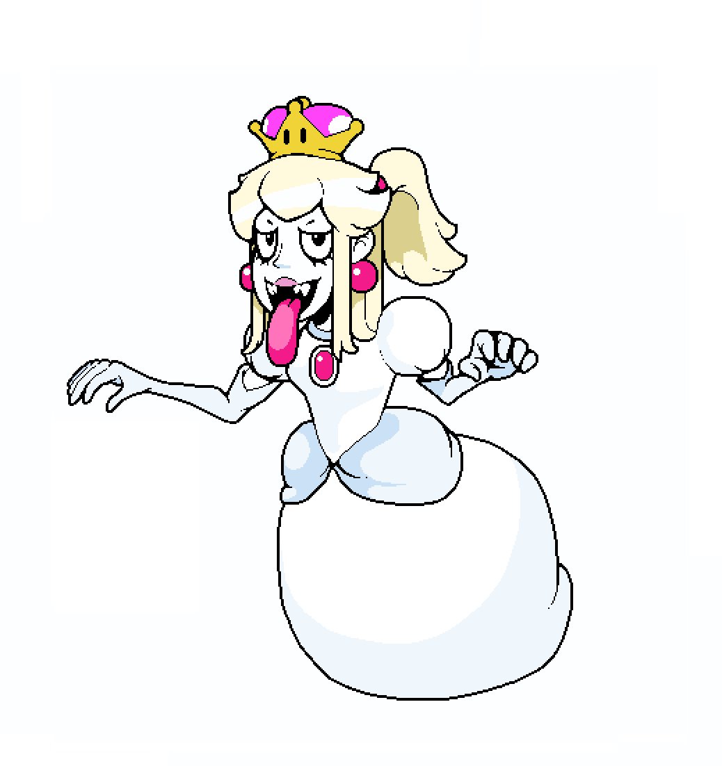 artist_request black_eyes boo crown dress earrings elbow_gloves floating gloves jewelry lipstick looking_at_viewer makeup mario_(series) medium_hair new_super_mario_bros._u_deluxe new_super_mario_bros._wii open_mouth peachyboo ponytail puffy_short_sleeves puffy_sleeves short_sleeves simple_background solo super_crown teeth tongue tongue_out white_background white_dress white_gloves white_skin